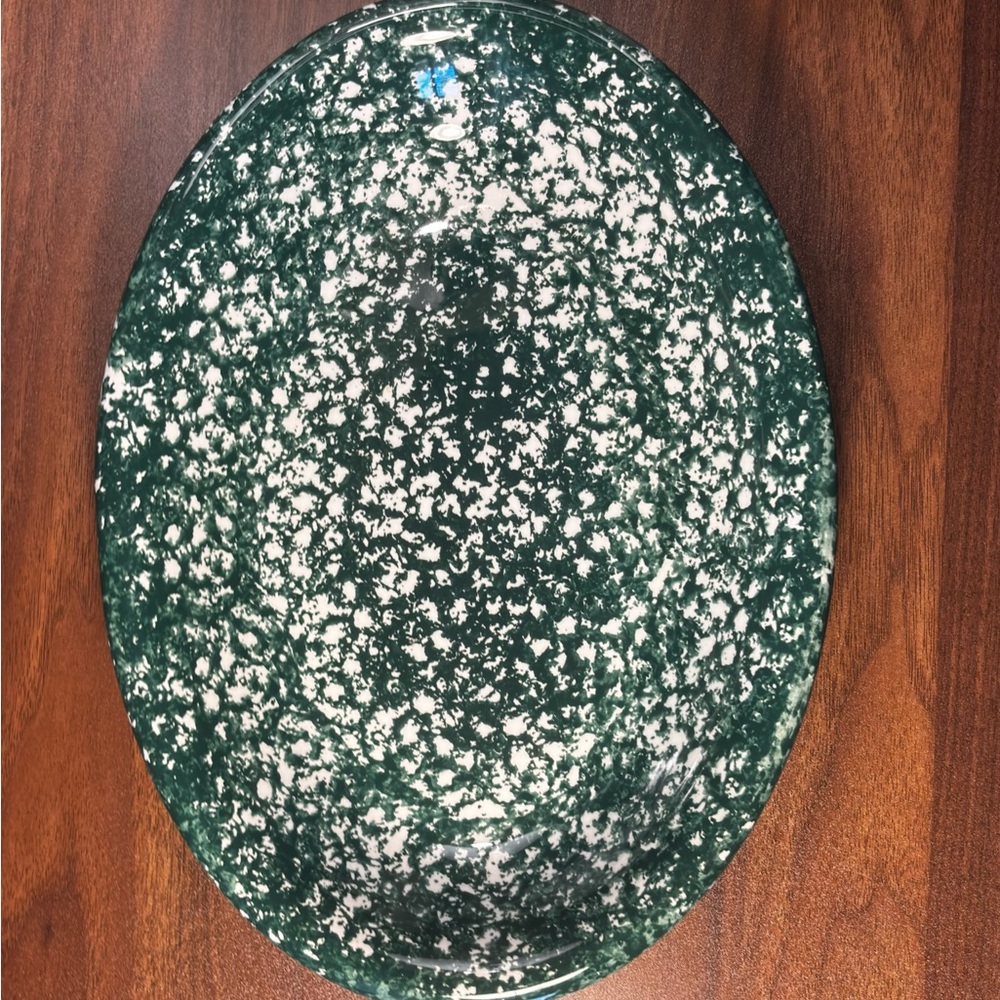 Roma Inc. Green Spongeware Oval Platter Handpainted in Italy